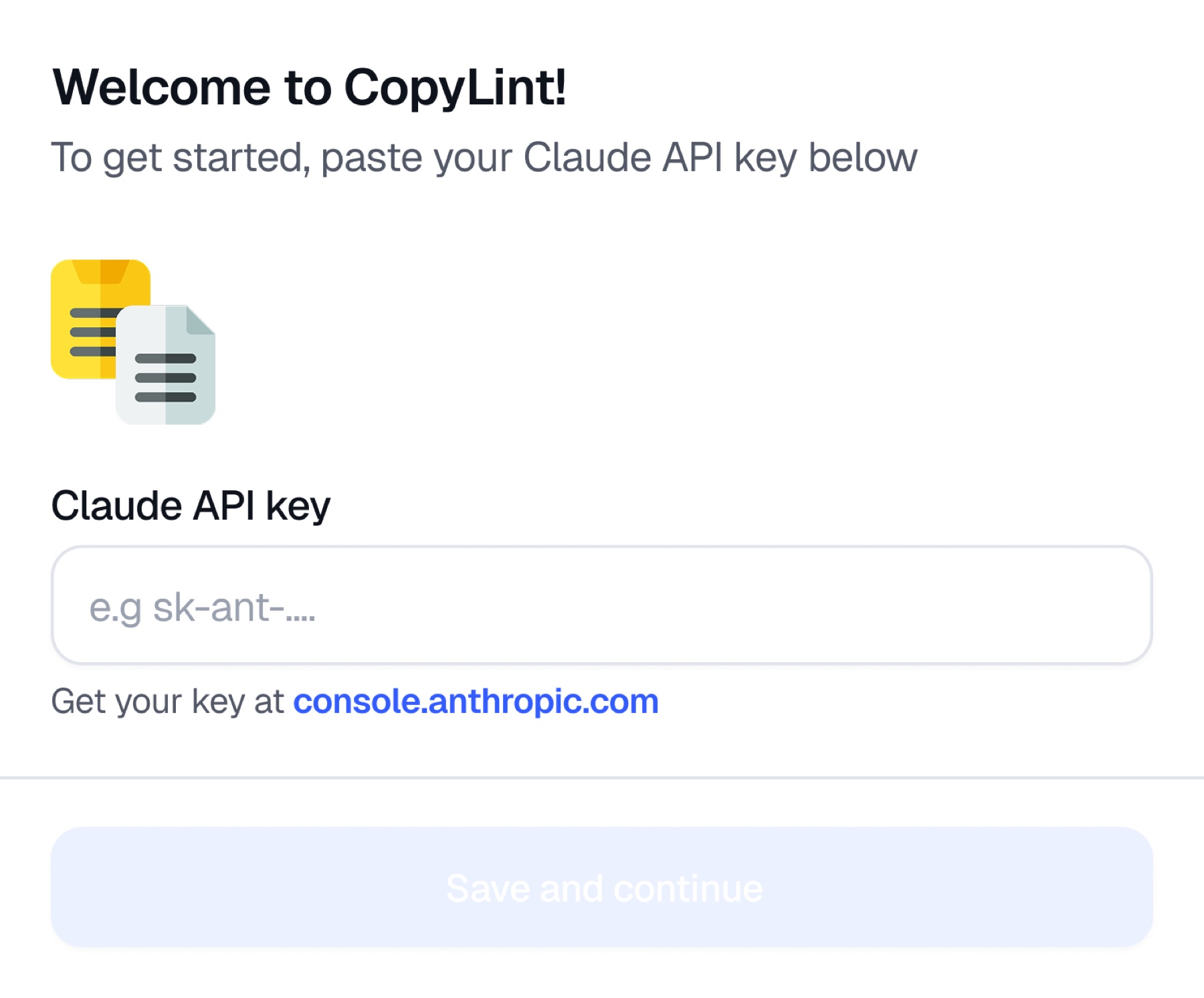 CopyLint API key onboarding empty state
