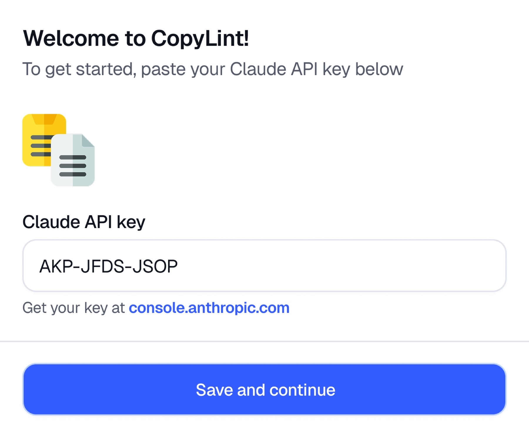 CopyLint API key onboarding complete state