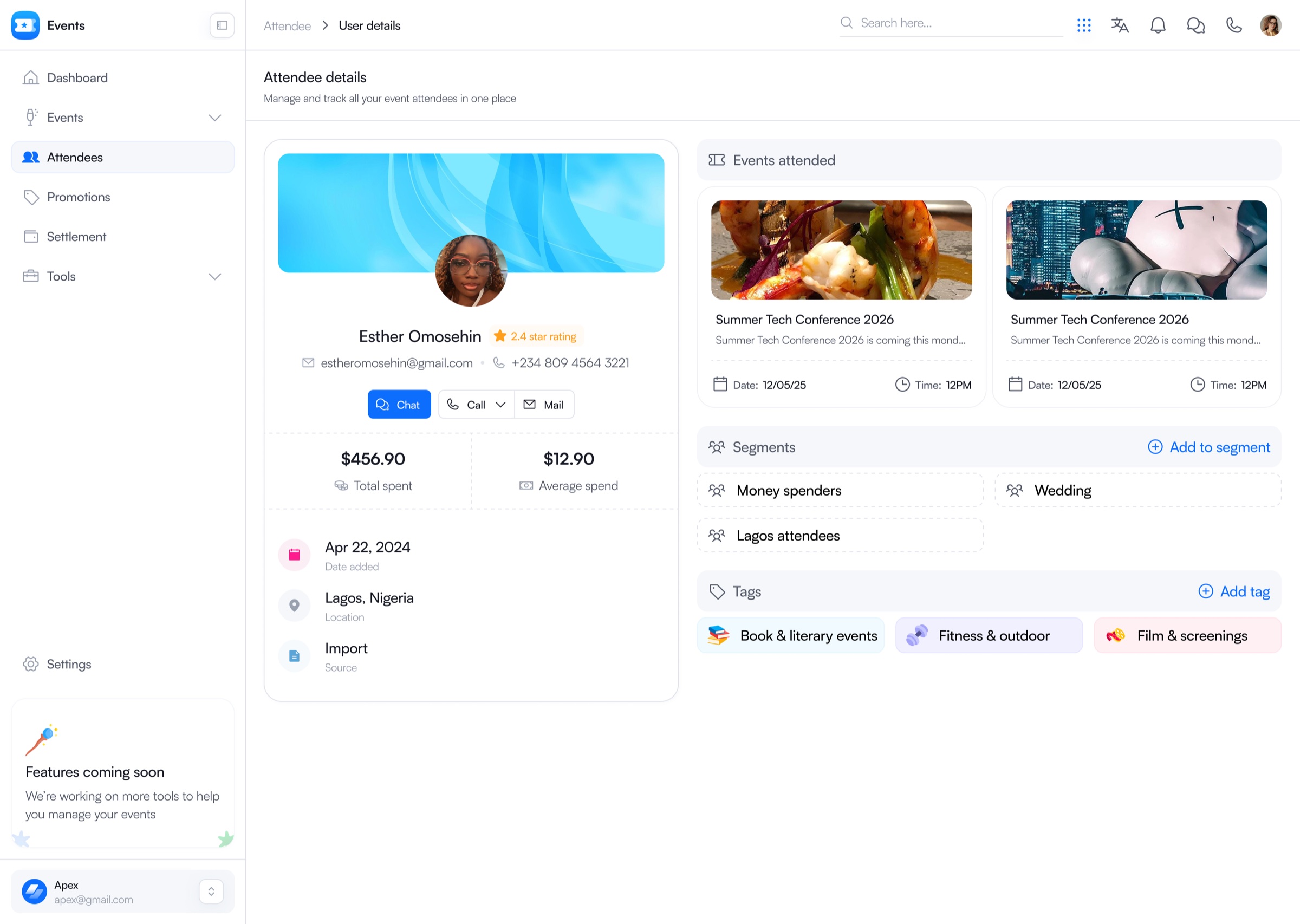 Attendee profile and event history