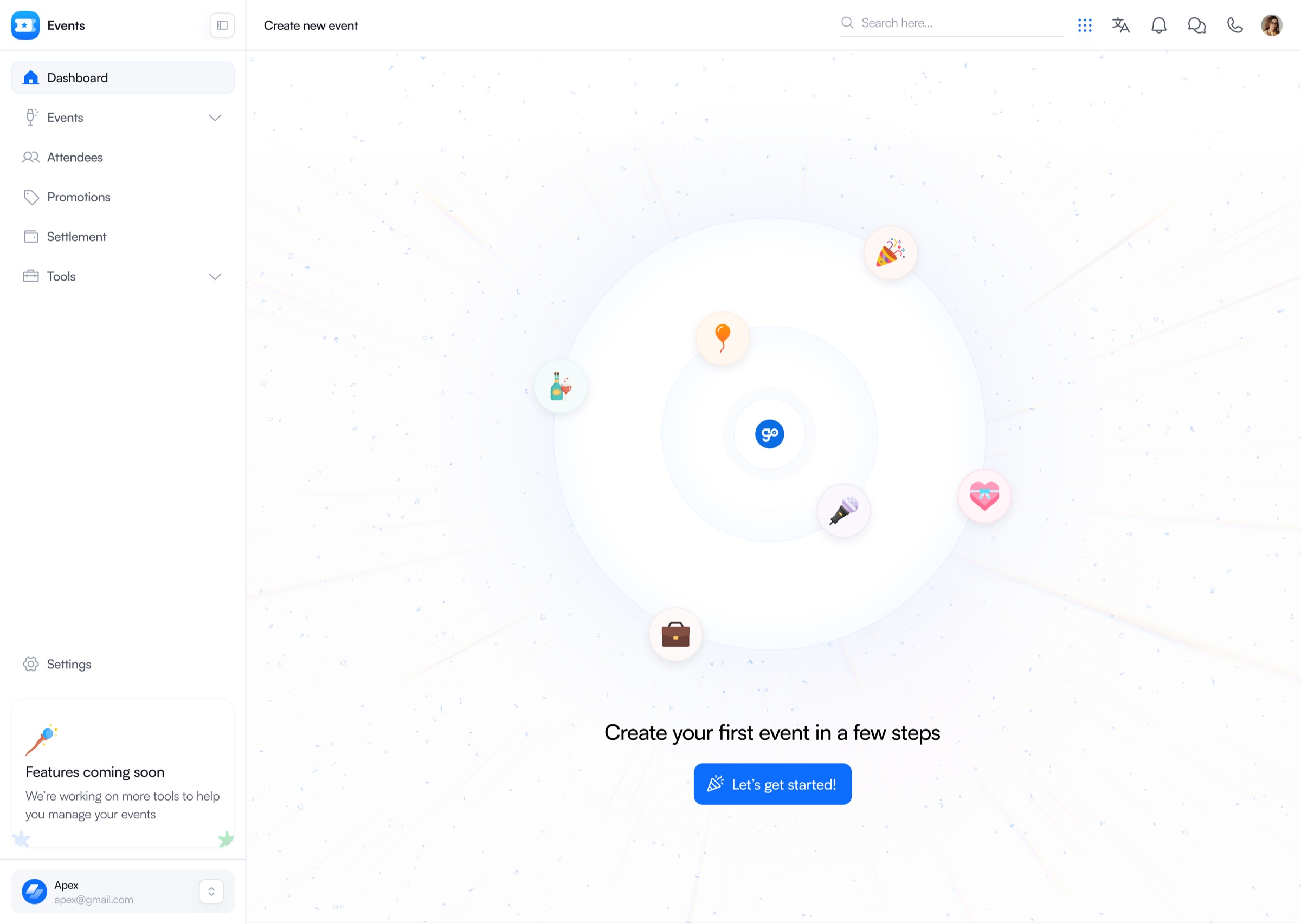 Create your first event screen