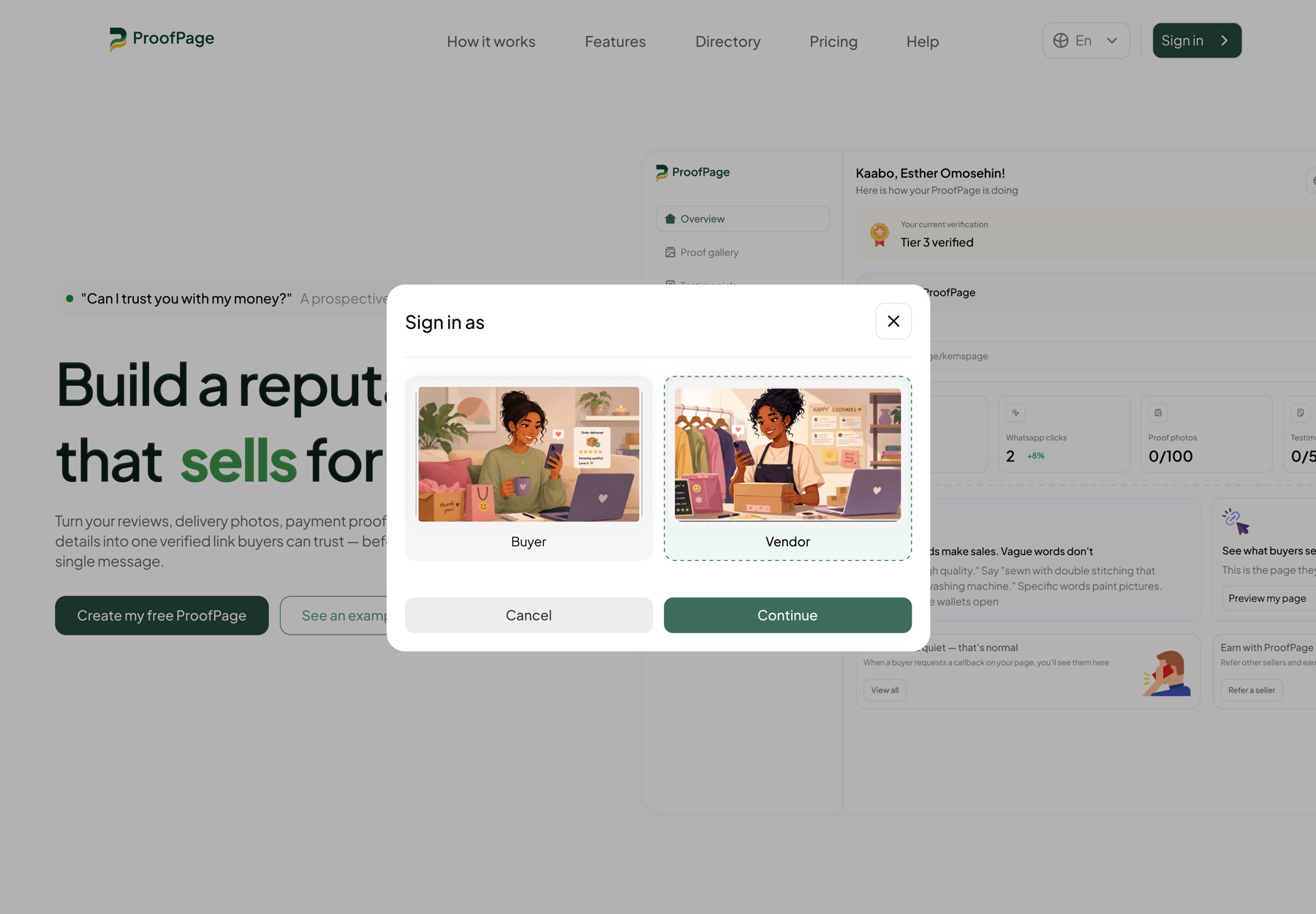 ProofPage buyer and vendor account choice