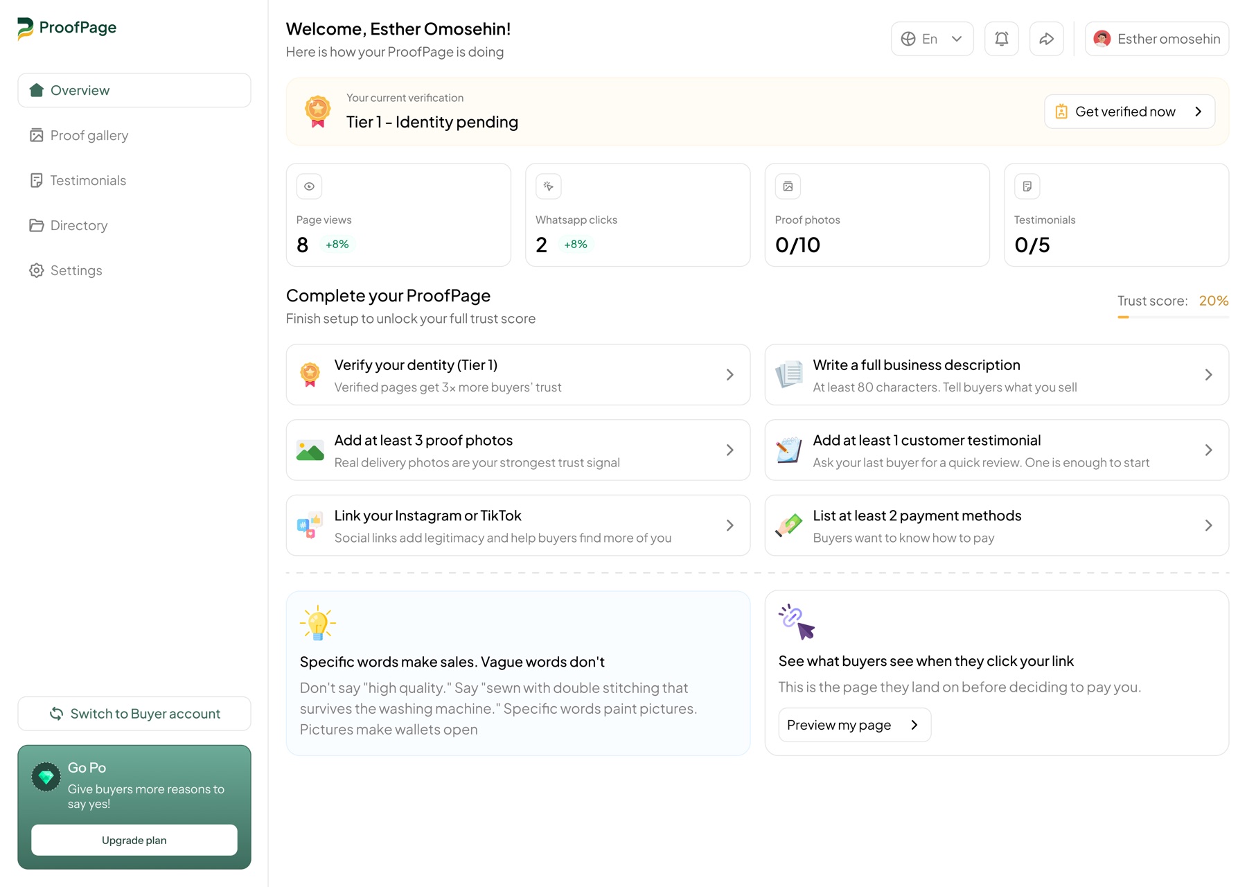 ProofPage vendor dashboard